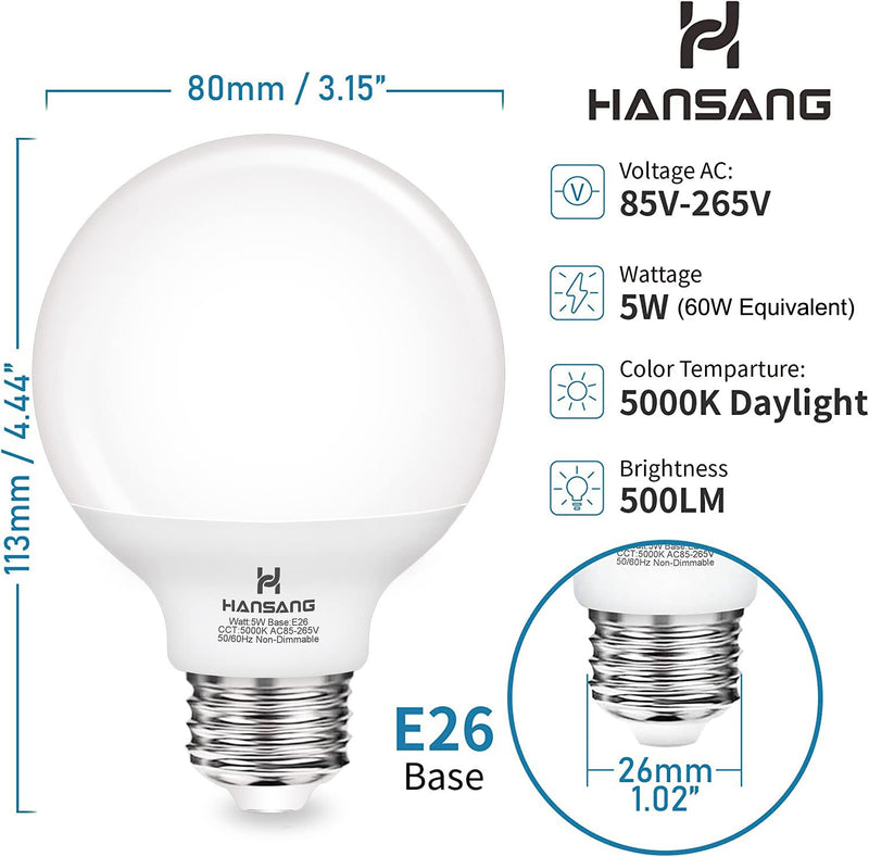 [Australia] - hansang G25 LED Globe Light Bulbs, 60W Equivalent, 5000K Daylight Bathroom, E26 Base, Eye-Friendly Vanity Round, Perfect for Vanity Makeup Mirror, 120V CRI85+ Non-Dimmable 4Pack 5000k(bright Dayligh) 4 Count (Pack of 1) 