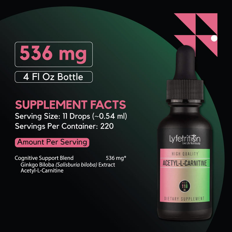 Lyfetrition Acetyl-L-Carnitine Liquid Supplement 118 ml, 4 FL Oz Liquid, 220 Servings, Made in USA, Quick Absorption, Potent Ingredients, Non-GMO