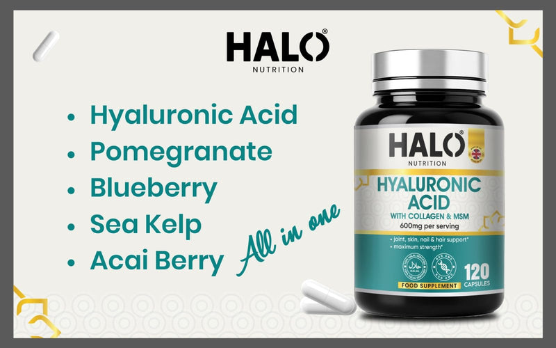 Hyaluronic Acid Supplement 600mg (500-700 KDA) - 120 Vegan Triple Strength Hyaluronic Acid Capsules - 4 Month Supply - Natural Skin, Hair & Joint Supplement for Women & Men- Halo Nutrition