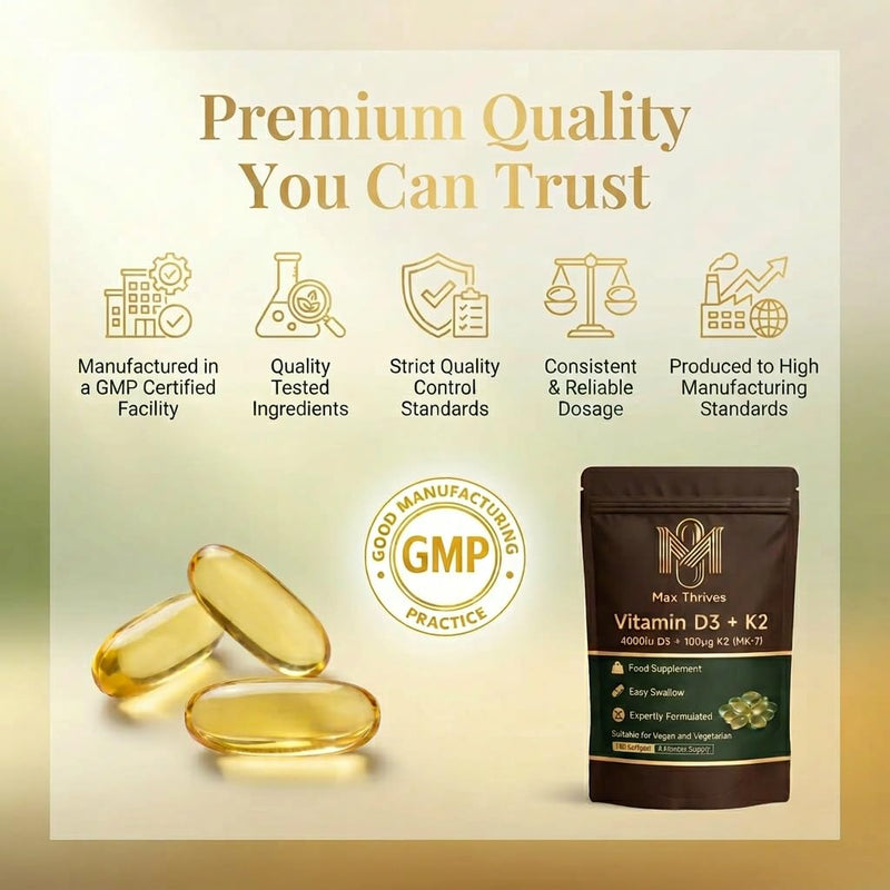 Vegan Vitamin D3 K2 Softgels 4000IU, 6 Months Supply, Olive Oil Based Lichen Sourced D3 and K2 Vitamin Complex, High Strength Vitamin D with K2, D3 Vitamin Supplements, 180 Count - Max Thrives