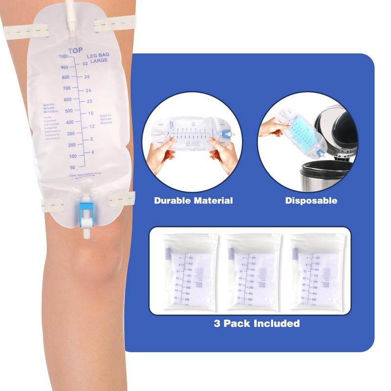 [Australia] - 3 Pack Catheter Bags, Premium Easy-Tap Leg Bag Urinary Drainage Bag, 32 Oz with 3 18” Tubing, Anti-Reflux Valve, with Cloth Straps to Attach to Your Foot, Advanced Flip Drain for EZ Disposal 