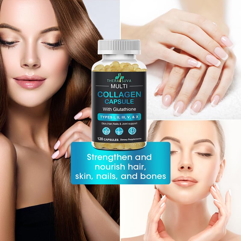 TheraSuva Complete Multi Collagen Complex – Types I, II, III, V & X + Biotin & Vitamin C – Hair, Skin, Nails & Mobility Support, 2 Month Supply, 120 Softgels
