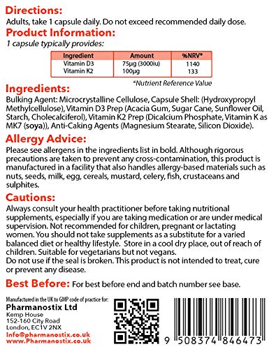 Vitamin D 3,000 IU & Vitamin K2 100ug MK7 Vegetarian Capsules - 90-Day Supply of Vitamin D3 Supplement Source of Cholecalciferol – Manufactured in The UK for Maximum Absorption