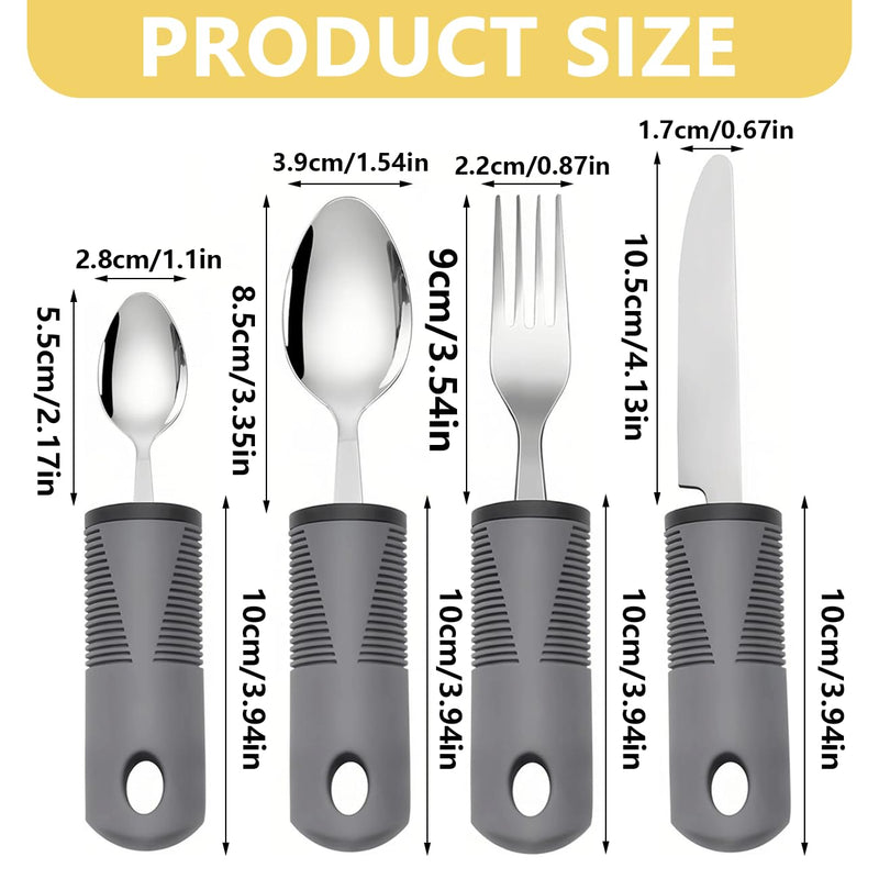 Easy Grip Cutlery Set of 4 Disability Aids, Extra Wide Handles Arthritis Aids with Knife Fork Spoon, Confortable Grips Dining Aid for Elderly Parkinson Disabled People Grey