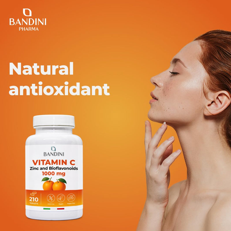 Bandini® Vitamin C 1000mg + Zinc + Bioflavonoids | 1 Tablet per Day | Supports Immune System & Reduces Fatigue | Skin, Bones, Nails, Hair | High Strength Supplement with Pure Vit C | 210 Vegan Tablets