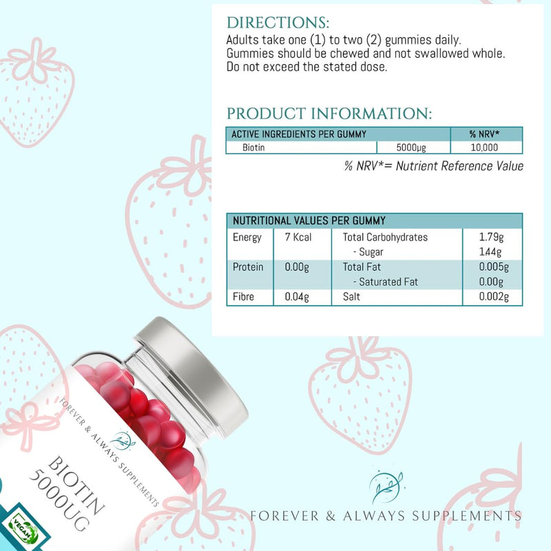 Biotin 5000ug Hair, Skin & Nail Vitamin Gummy | 60 x Vegan Strawberry Flavoured chewable Gummies for Men & Women | Beard, Hair, Skin & Nail Supplement