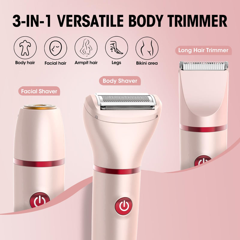 Bikini Trimmer for Women- 3 in 1 Painless Electric Razors for Women,Waterproof Pubic Hair Trimmer and Facial Hair Remover,LCD Display Body Shaver for Trip,Rechargeable Women's Grooming Kit Pink 588