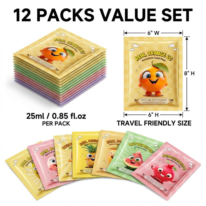 Fruit Face Masks, 12 Pack Face Masks Spa Set – Natural & Organic Hydrating Sheet Masks with Vitamin C, E for Brightening, Vegan Skincare Gift for Women/Men, Spa Day at Home
