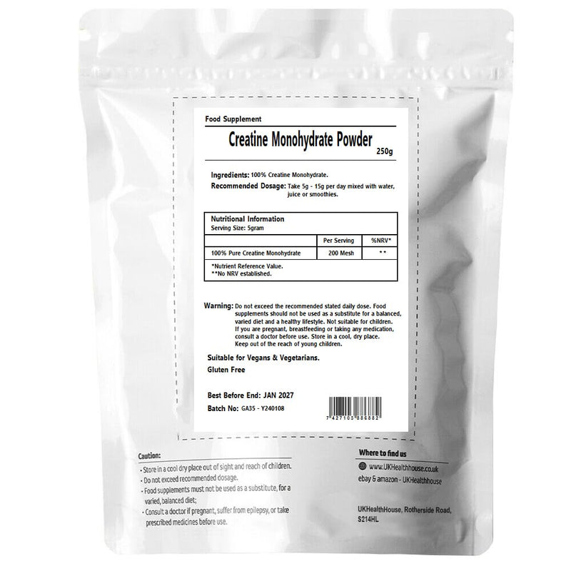 UKHealthHouse 100% Pure Creatine Monohydrate Powder 250g | Micronised Creatine Powder for Easy Mixing | Supports Recovery, Performance & Energy Boosting Train | Unflavoured