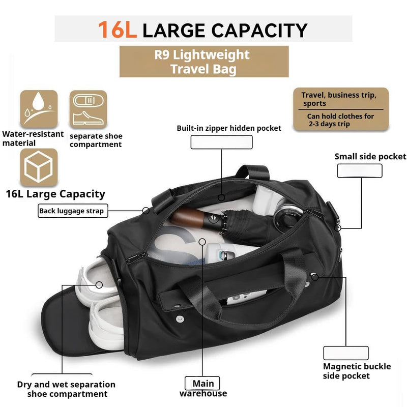 reeyee 16L Cordura Gym Duffel Bag with Shoe Compartment, Black | Compact 16L Cordura gym duffel with separate shoe compartment, water-resistant fabric, luggage sleeve and shoulder strap.