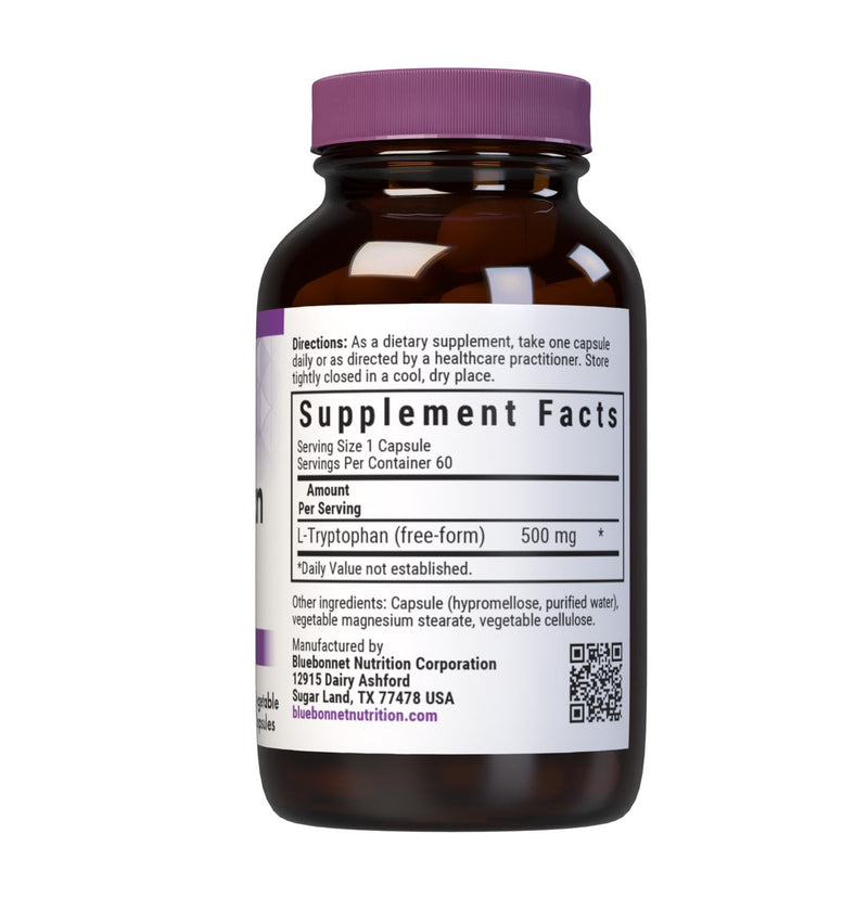 Bluebonnet Nutrition L-Trypotophan 500mg, for Neurotransmitting Support*, Supports Positive Mood*, Soy-Free, Gluten-Free, Non-GMO, Kosher Certified, Vegan, White 60 Vegetable Capsules, 60 Servings | for Neurotransmitting Support & Supports Positive Moo...