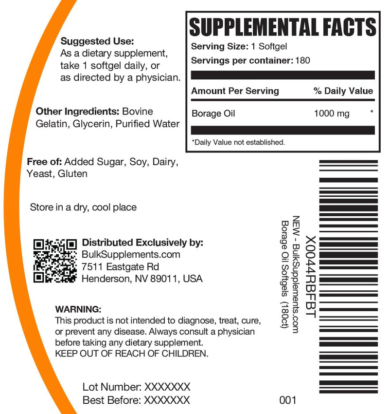 [Australia] - BulkSupplements.com Borage Oil Softgels - Gamma Linolenic Acid Supplement, Borage Oil Supplements, Borage Oil 1000mg - Gluten Free, 1 Softgel per Serving, 180 Count (Pack of 1) 