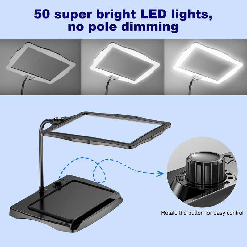 [Australia] - 10X Square Magnifying Glass with Light and Stand, Real Glass LED Illuminated Magnifying Glass, 5 Color Modes Continuously Dimmable, Hands-Free Mag Desk Lamp with Clamp for Reading Craft Hobby Closing Work, Black 8079-2 