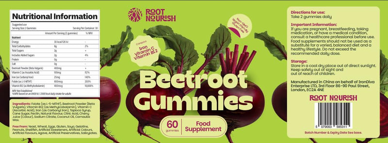 Beetroot Gummies, 60 400mg Beetroot Gummies, High Strength Multi Vitamin Supplement High in Iron, Vitamin C, B12 & Folic Acid Supplement for Energy, Circulation, Tiredness & Immune Support