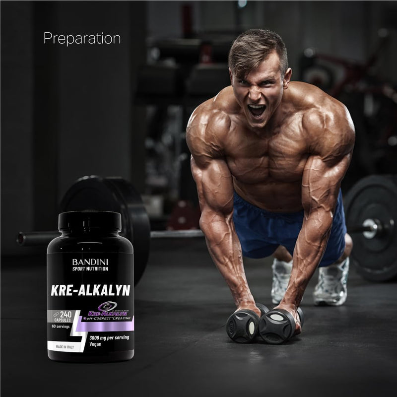 Bandini® Kre-Alkalyn® 240 Capsules (2 Months) - Buffered Alkaline Creatine - Training, Sport, Gym & Pre Workout - 100% Vegan - Kre Alkalyn Based on buffered Creatine Monohydrate - Produced in Italy