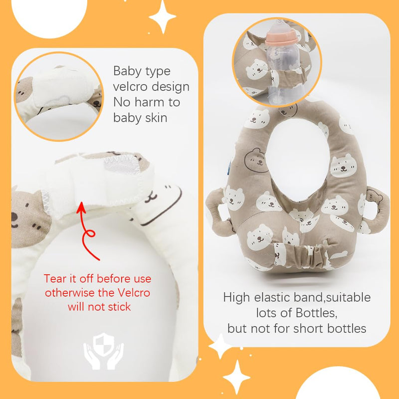 vocheer Baby Bottle Holder Hands Free, Self Feeding Infant Bottle Propper, Twin Baby Essentials, Portable Support Pillow for Newborns,Cotton, Brown Bear