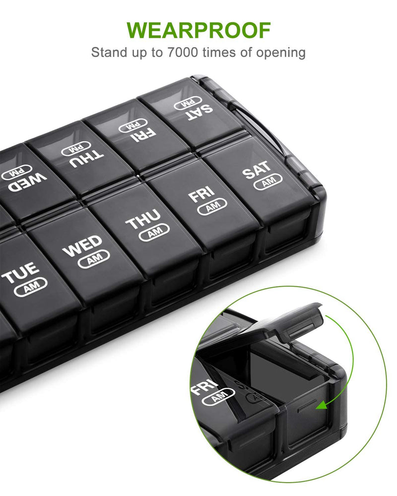 Sukuos Weekly Pill Organizer 7 Day 2 Times a Day, Quick Fill Daily Pill Box (AM PM), Extra Large Pill Cases for Vitamin/Fish Oil/Supplements, Arthritis Friendly, Easy to Clean Black
