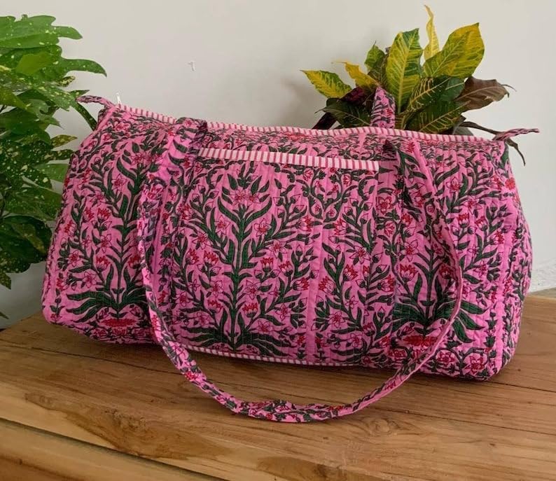 Yille Handmade Cotton Block Print Duffle Travel Bag Gym Yoga Bag,Quilted Bag Everyday use Gift for Someone Special Occasionally (Pink Temple) Pink Temple