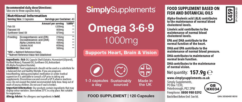 Omega 3·6·9 1000mg Fish Oil | Supports Heart, Brain & Vision Health | 240 Softgels = 80 Days’ Supply | High-Strength Essential Fatty Acids | Purified Fish Oil, Flaxseed & Sunflower Oil | UK-Made Unflavoured 120 count (Pack of 2)