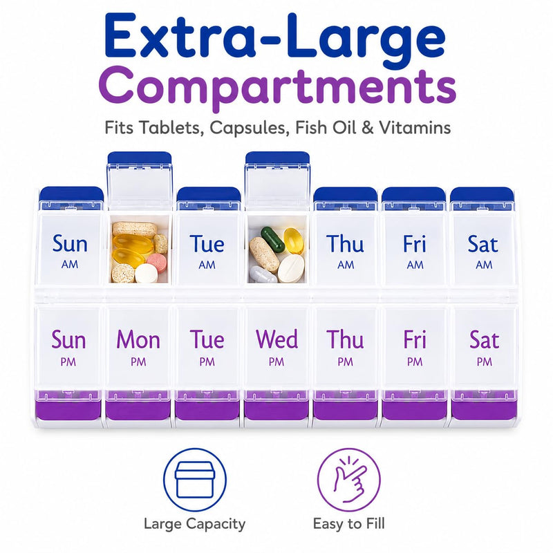 Jumbo AM PM Pill Organizer 7 Day - Weekly Pill Box 2 Times a Day | Push-Button Easy Open Clear Lids, BPA Free Plastic for Vitamins, Supplements and Medication