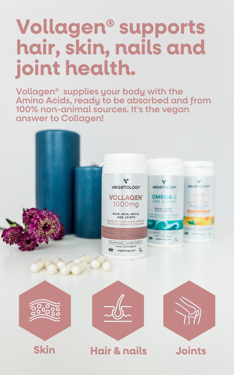 Vegetology Vollagen, Vegan Collagen Supplements for Women, and Men, Plant Based Complex, Amazing Skin Hair and Nails Vitamins, Vegetarian Protein, Joint Care, 1000mg, 60 Tablets, UK Made