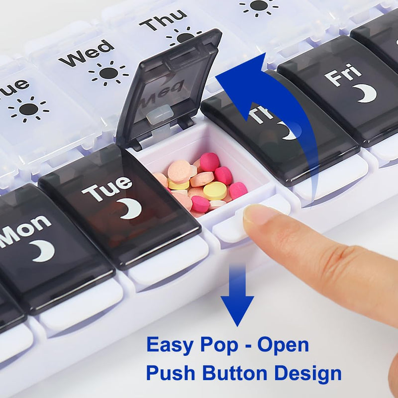 [Australia] - HRX Package Large Pill Organizer 2 Times a Day, Push Button Weekly Medicine Box Vitamin Cases for 7 Day AM PM Black and White 