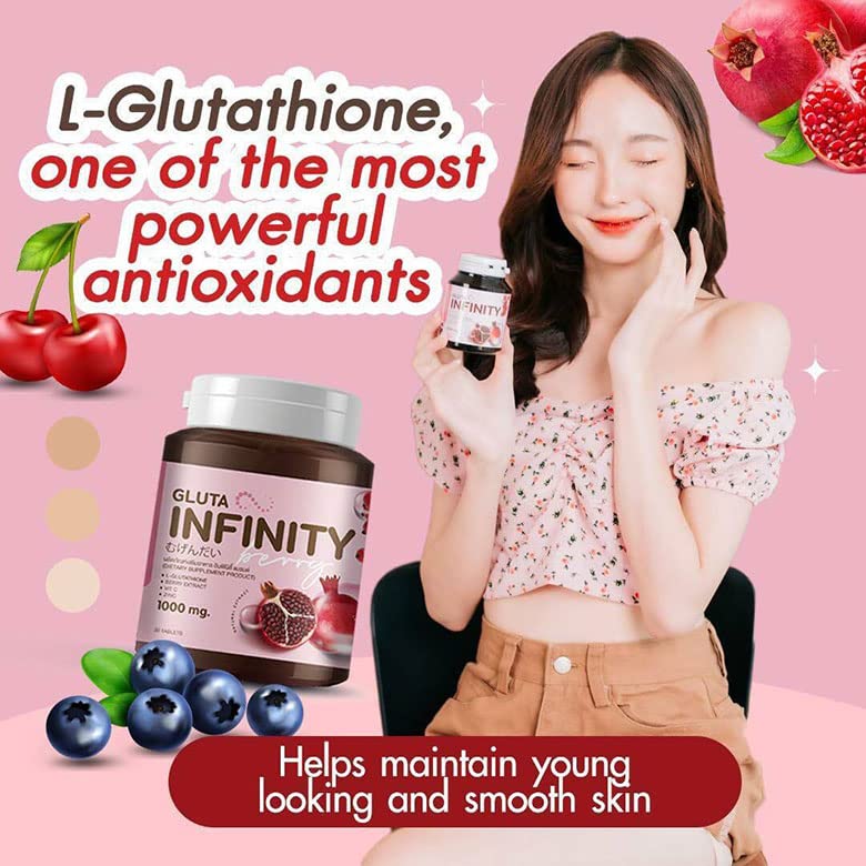Gluta Infiniy 1000mg L-Glutathione Supplement Tripeptide Fish Collagen L-Glutamine Ascorbic Acid Cherry Grape & Pomegranate Extract Skin Nourishing Supplement Remove Acne Scar Freckles 30 Tablets