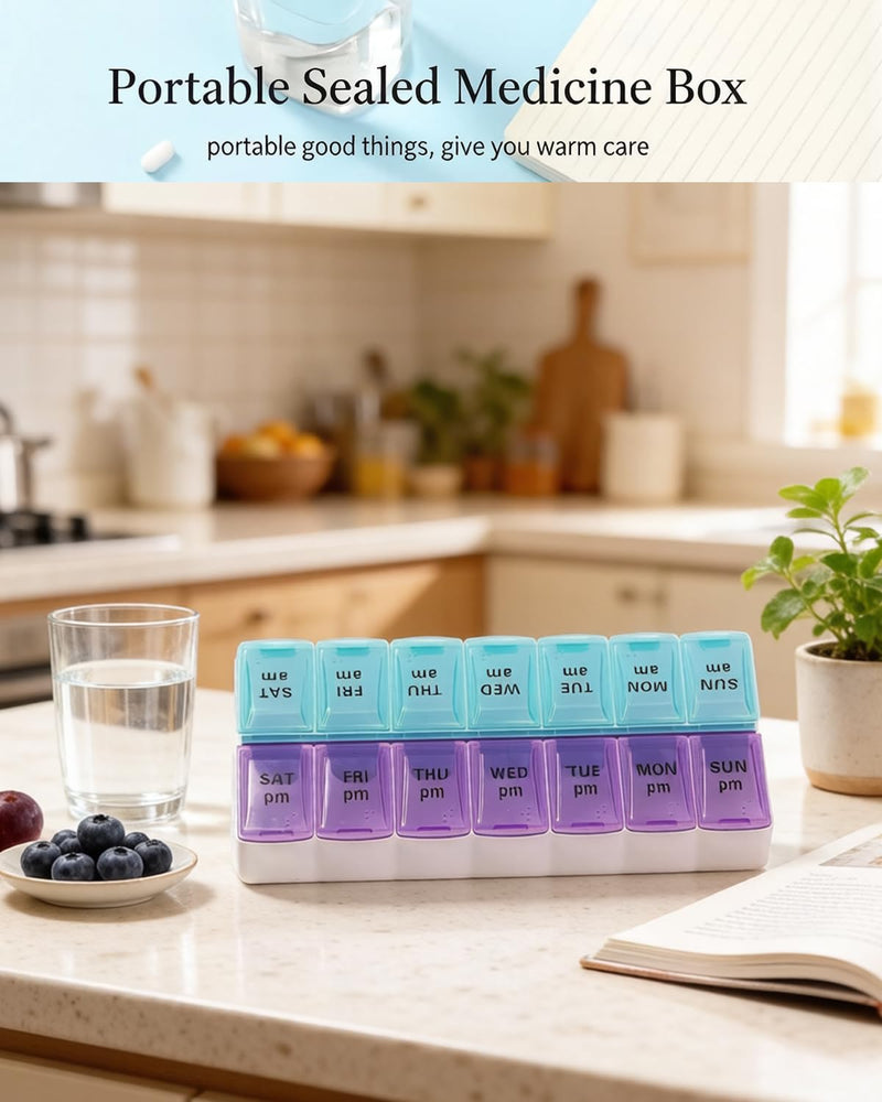 Pill Organizer,14 Compartment Weekly Portable Pill Dispenser Reminder,Travel Daily Pill Case Box Holder, Medication Planner for Vitamin,Medicine,Fish Oil,Supplements(Blue/Purple, Large) Blue/Purple
