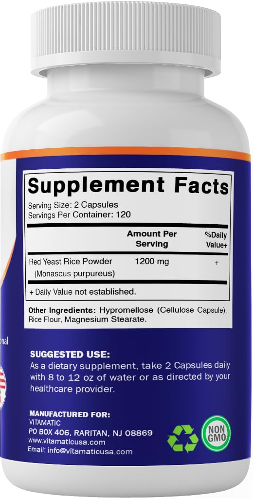 [Australia] - Vitamatic Red Yeast Rice 1200 mg Per Serving - 240 Veg Capsules - Made in The USA - Non-GMO & Gluten Free 