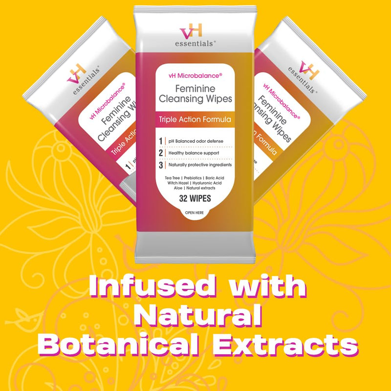 [Australia] - vH essentials Feminine Cleansing Wipes - pH Balanced, Prebiotics, Tea Tree & Aloe, Soothing Witch Hazel, Odor-Blocking Formula, Vaginal and Perianal Care, Paraben, Alcohol, and Fragrance-Free 