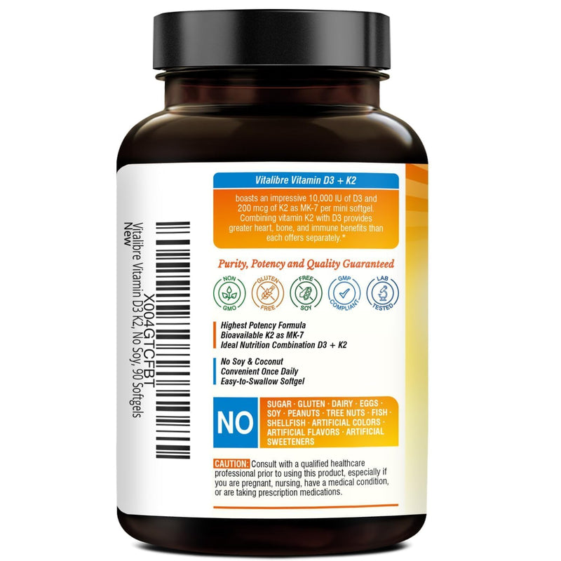 Vitalibre Vitamin D3 K2 Supplement, Vitamin D3 10000 IU & 200 mcg K2 MK7 | Enhanced Calcium Absorption, Bone, Heart, Immune & Mood Support, No Soy, Easy to Swallow, 90 Softgels 90 Count (Pack of 1)