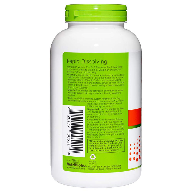 NutriBiotic – Vitamin C + Vitamin D3 & Zinc, 250 Capsules | Potent, Comprehensive Immune Support | Essential & Antioxidant Daily Supplement | Gluten & GMO Free 250 Count (Pack of 1)