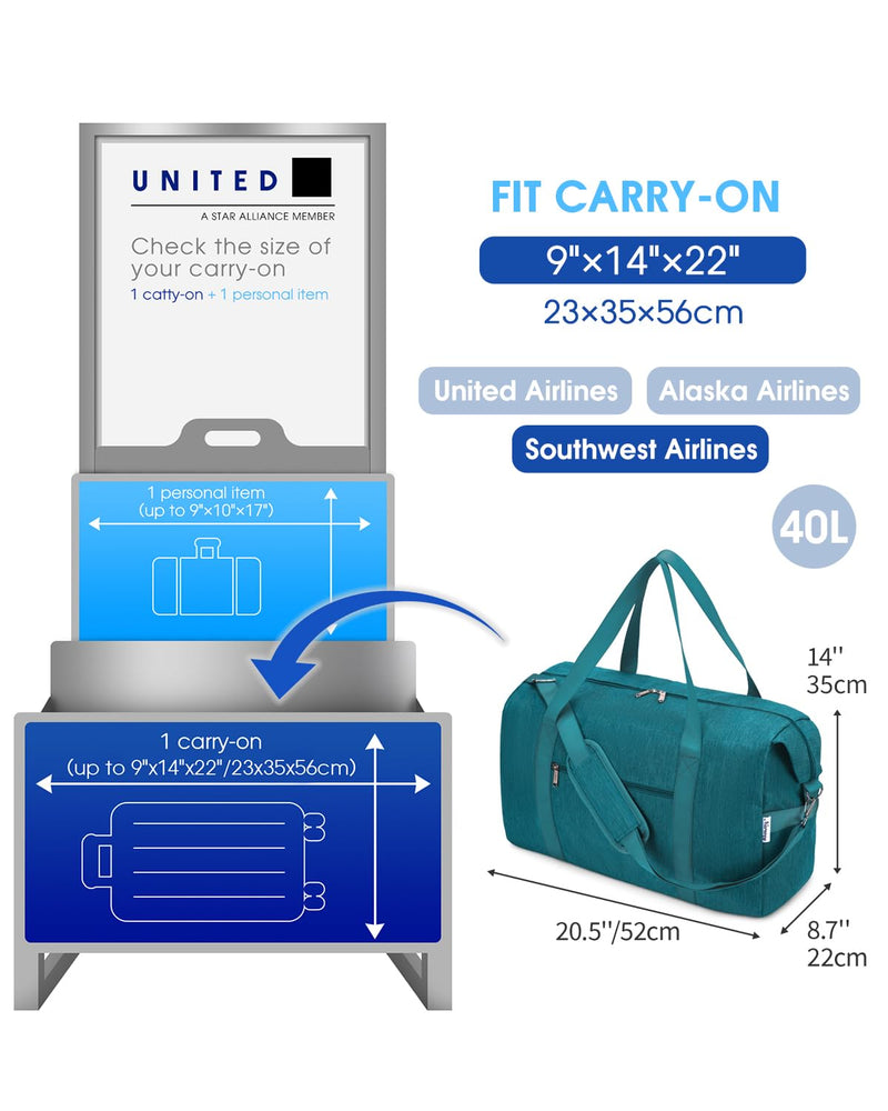 Narwey Carry on Bag 22x14x9 Airlines Approved Travel Duffel Bag Duffle Bag with Wet Pocket Overnight for Women and Men 40L (Teal) Teal