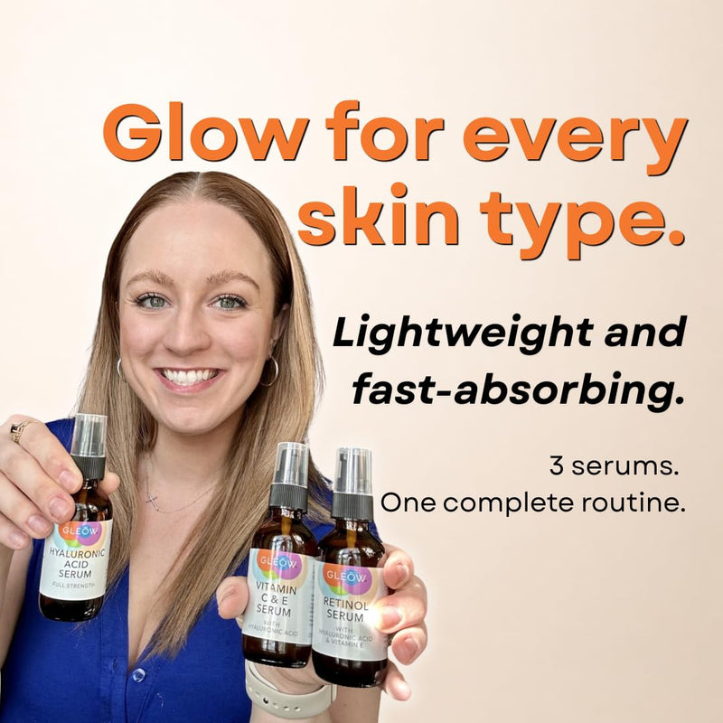 GLEOW Skincare Set: Retinol, Vitamin C, and 99% Hyaluronic Acid Serum, Face Serum Set Targets Appearance of Uneven Skin and Dryness, Total Package Serum Set 3x2 oz Combo pack 2oz