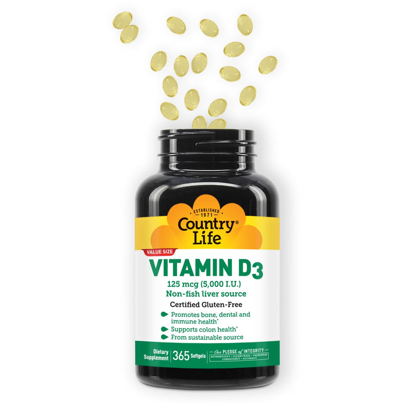 Country Life Vitamin D3 5000 IU – High Potency, Non-Fish Source, Supports Bone Health, Immune Function & Calcium Absorption – 365 Softgels, Certified Gluten-Free, Long-Term Supply