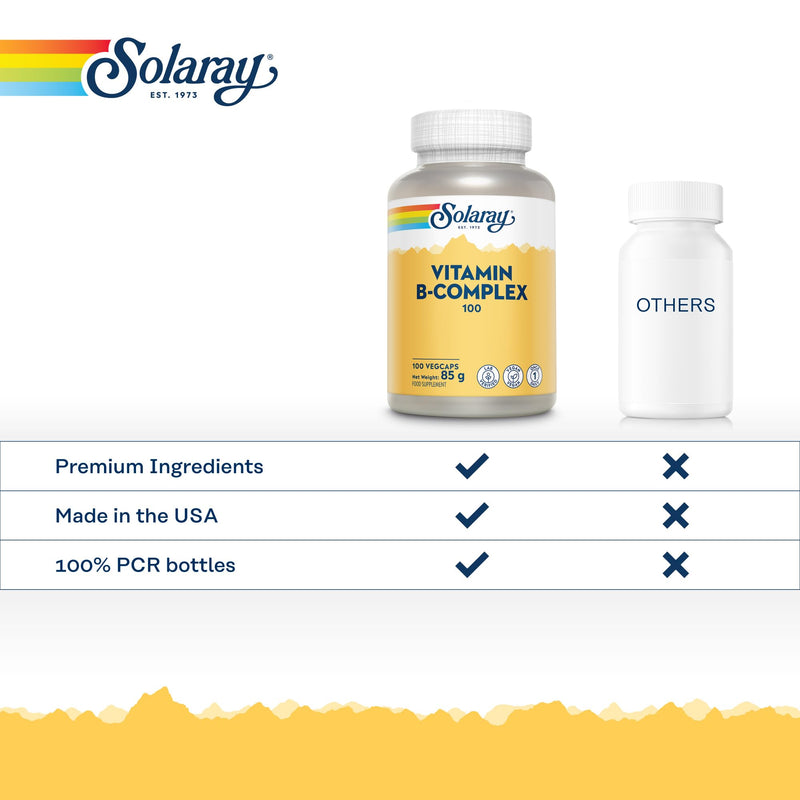 Solaray Vitamin B Complex "100" Super Strength - 100 Vegan Capsules - 3+ Month Supply - High Potency Vitamin B1, B2, B3, B5, B6, B7, B9 & B12 - Lab Verified