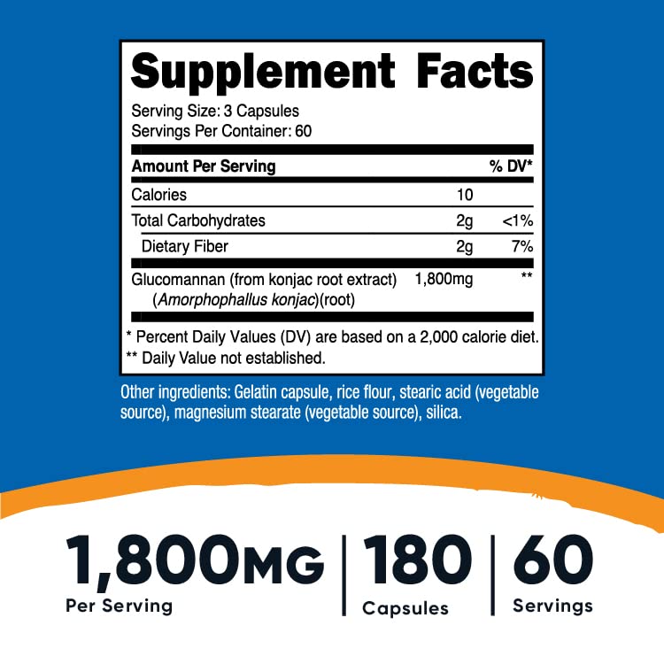[Australia] - Nutricost Glucomannan 1,800mg Per Serving, 180 Capsules - Natural Fiber Source, Non-GMO, Gluten Free 180 Count (Pack of 1) 