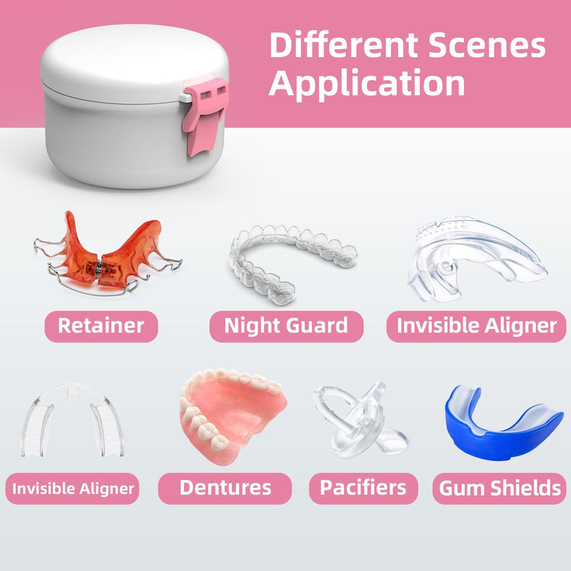 BVN Leak-Proof Denture Bath Cup for Travel, Denture Cup for Soak Dentures, Retainer Cleaning Case with Strainer (White + Pink) White + Pink