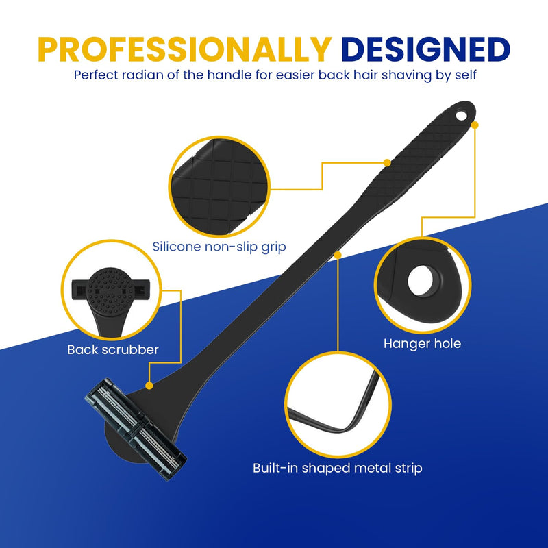 [Australia] - 18" Back Shaver & Scrubber for Men – 2-in-1 Pain-Free Grooming Tool with Long Handle (46cm), Built-In Scrubber, Wet or Dry Use – Includes Compact Box (23x8x8cm) (BLACK) BLACK 