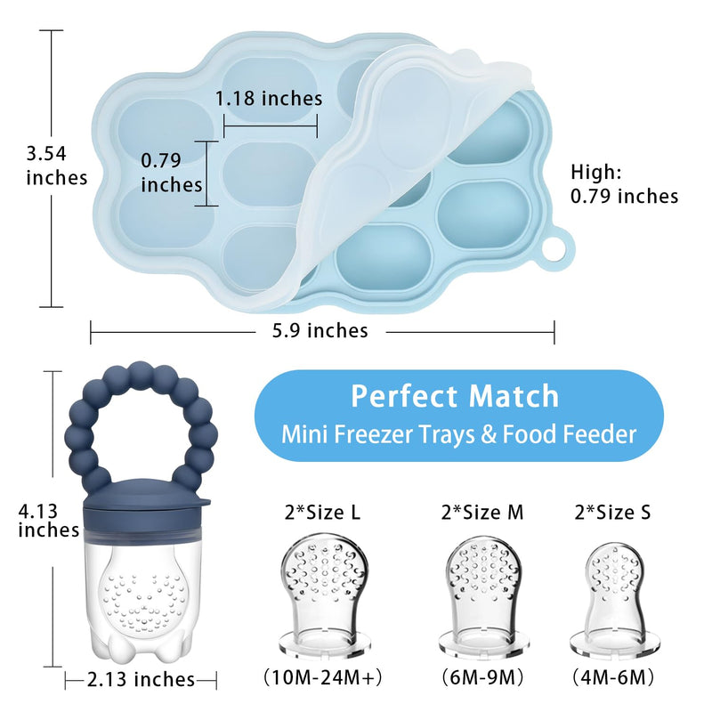 Silicone Baby Fruit Food Feeder, 2 Pack Freezer Tray with lid for Batch Prep,Introduce New Foods, Breastmilk Popsicle Molds, Silicone Teething Toys, Includes 6 Extra Food Pacifier Steel Blue and Olive Green