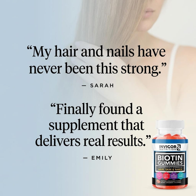 INVIGOR8 Biotin Gummies 10000mcg | Hair Skin Nails Vitamins Biotin Supplement for Women Men & Kids 5000mcg x2 | Vegan Kosher Halal | Strawberry Flavor | 60