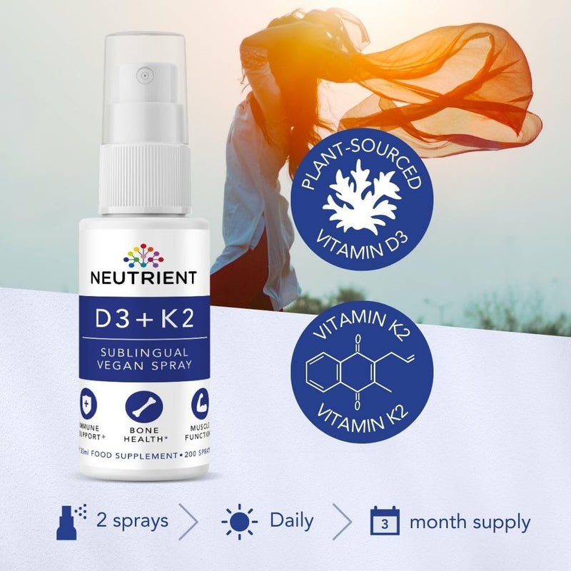Neutrient™ Vitamin D3 + K2 Oral Spray 2000iu, Vitamin D3 75mcg Vitamin K2 (MK7) High Strength, Bone Health, Immune Support & Muscle Functioning Vegan Oral Spray