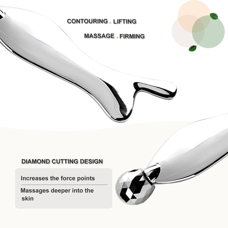 Face & Body Roller Massager - Guasha Tool for Face, Neck & Eyes, Stainless Steel, Chin Lift, Skin Tightening (Silver White) Silver White