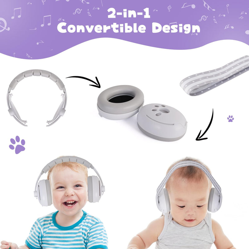 [Australia] - 2-in-1 Baby Ear Muffs and Headphones with Adjustable Stretchy Band for Noise Protection White 