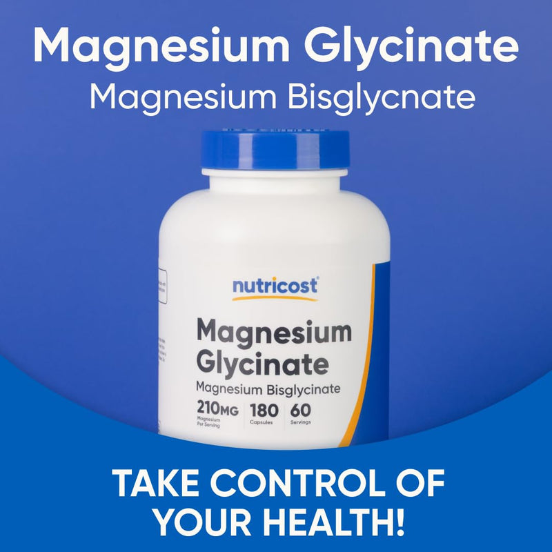 [Australia] - Nutricost Magnesium Glycinate Capsules (180 Capsules, 210 mg Per Serving) - Magnesium Glycinate Supplement for Gentle Absorption Unflavored 180 Count (Pack of 1) 