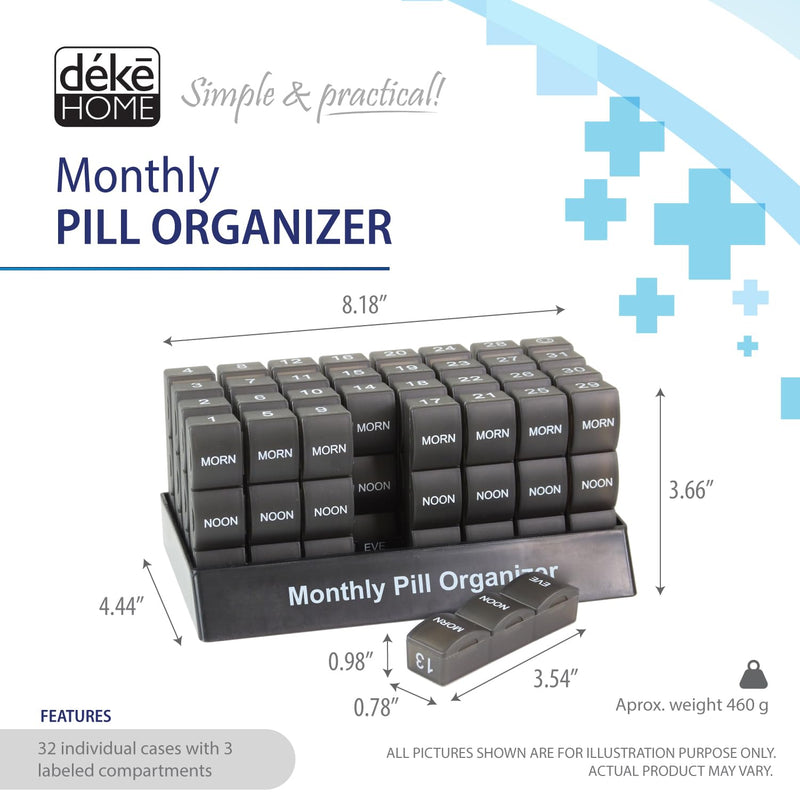 Deke Home - Monthly Pill Organizer 3 Times a Day, 30 Day Pill Box with AM PM Compartments, Large Monthly Medicine Organizer for Vitamins, Supplements & Medication, Travel-Friendly Pill Case, BPA Free