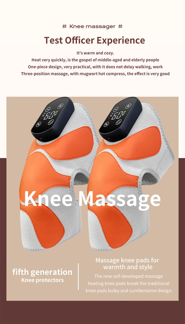 Electric Heating KneePad with Massage function, Heat and Vibration Therapy, Joint Protection, Relieve Knee Soreness, Knee Brace Wrap, Orange and Blue color, easy to use.