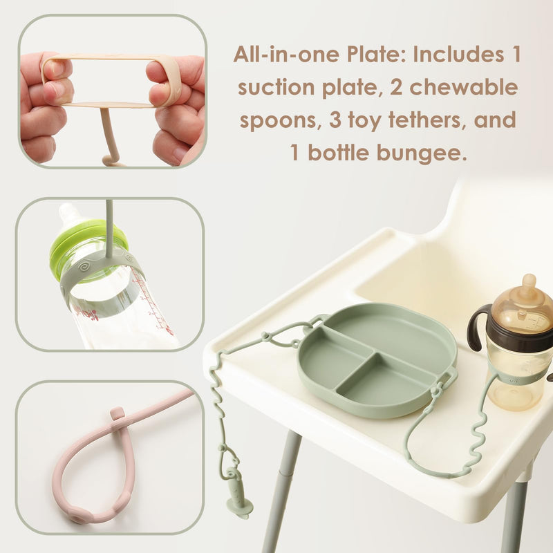 [Australia] - Silicone Plates for Babies with Suction Divided Baby Spoons Silicone Baby Toy Straps All-in-one Plates Silicone Placemat for Babies Toddlers Attachable Tethers & Built-in Suction Cups-Blush Blush 