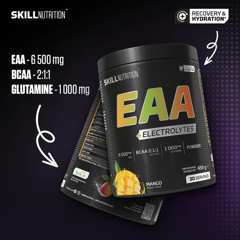 Skill Nutrition EAA + Electrolytes - Mango Flavour | 6.5 g EAA per Serving | BCAA 2:1:1, 1000 mg L-Glutamine, Electrolytes & AstraGin® | Powder Supplement | 450 g