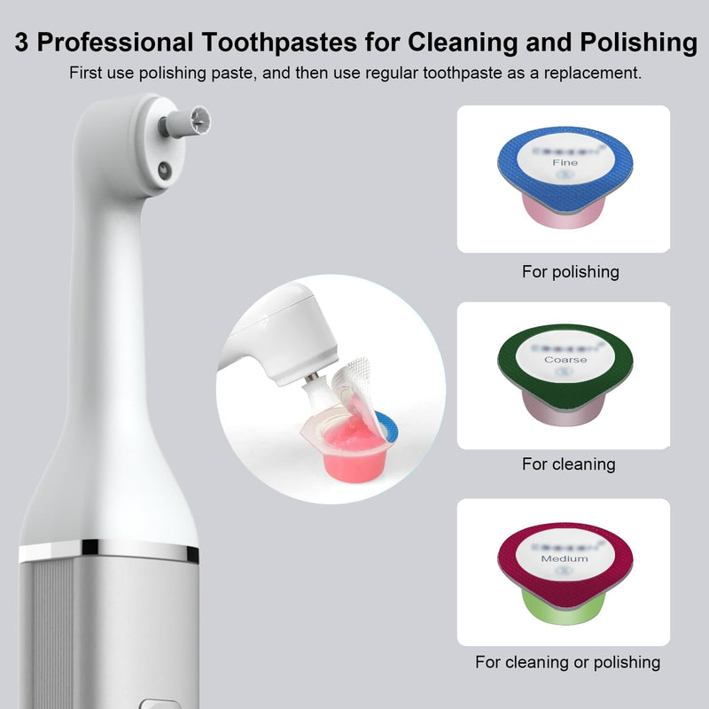 [Australia] - Tooth Polisher and Plaque Remover, Teeth Cleaning Tools for Cleaning and Polishing of Tooth, Dental Cleaning Tools for Brighten and Polish Teeth with 5 Brush Heads, 4 Speed Modes and 3 Polish Pastes Silver-white 